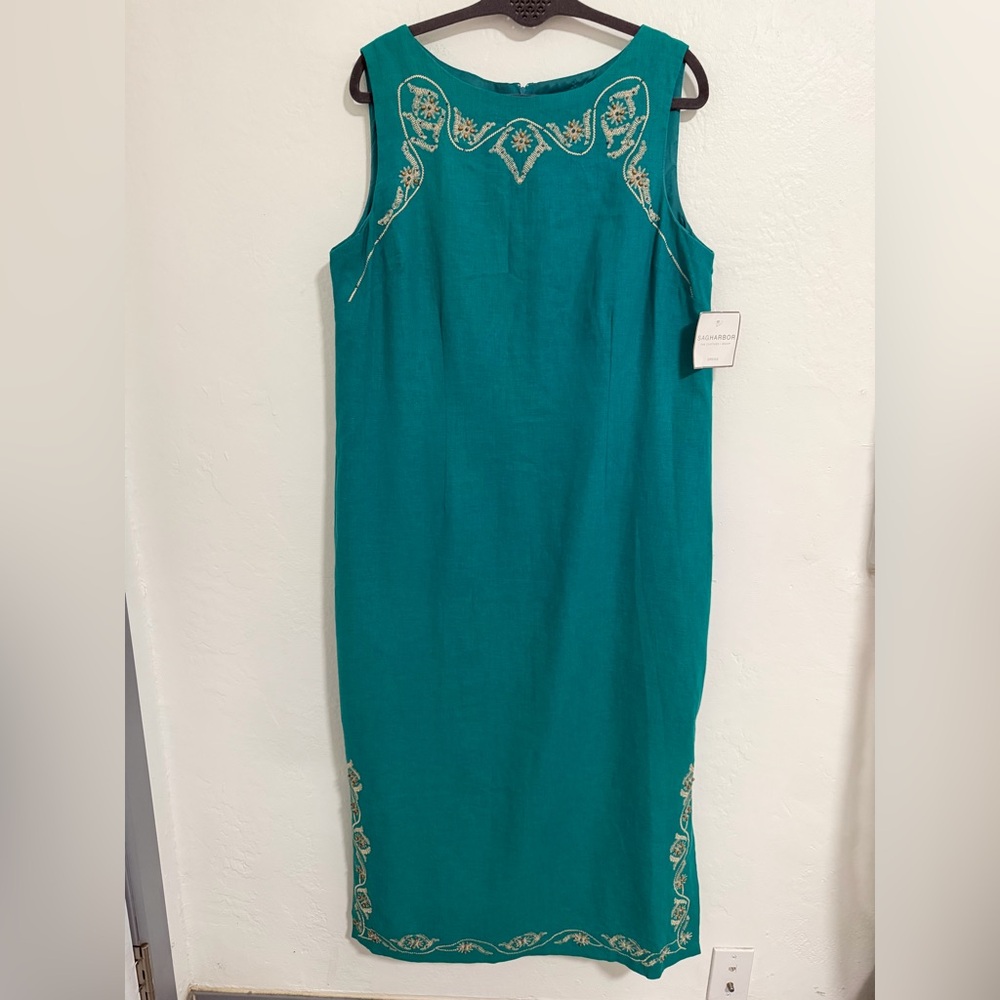 Sag Harbor NWT Linen Blend Teal Embroidered Beaded Sheath Dress Size 16